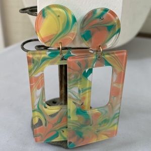 Dangling marbleized peach green yellow earrings